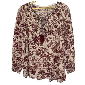 Women's Large Sundance Loise Toile Burgundy Floral Peasant Blouse Tassel
